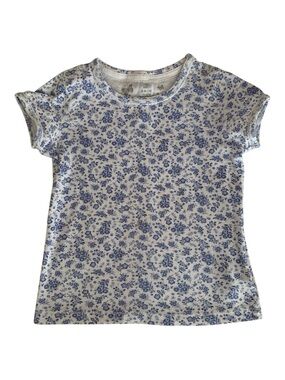 Faded Glory T Shirt Girls M 7/8 Blue White Floral Short Cap Sleeve Scallop Lace